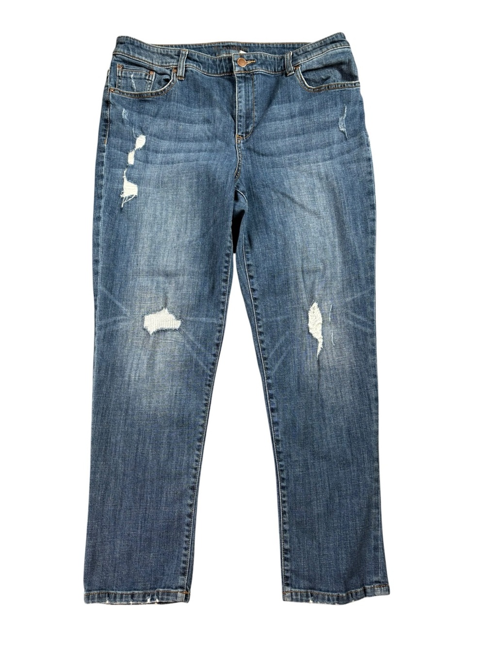 Chico’s Platinum Distressed Skimmer Straight Leg Jeans. Size 14